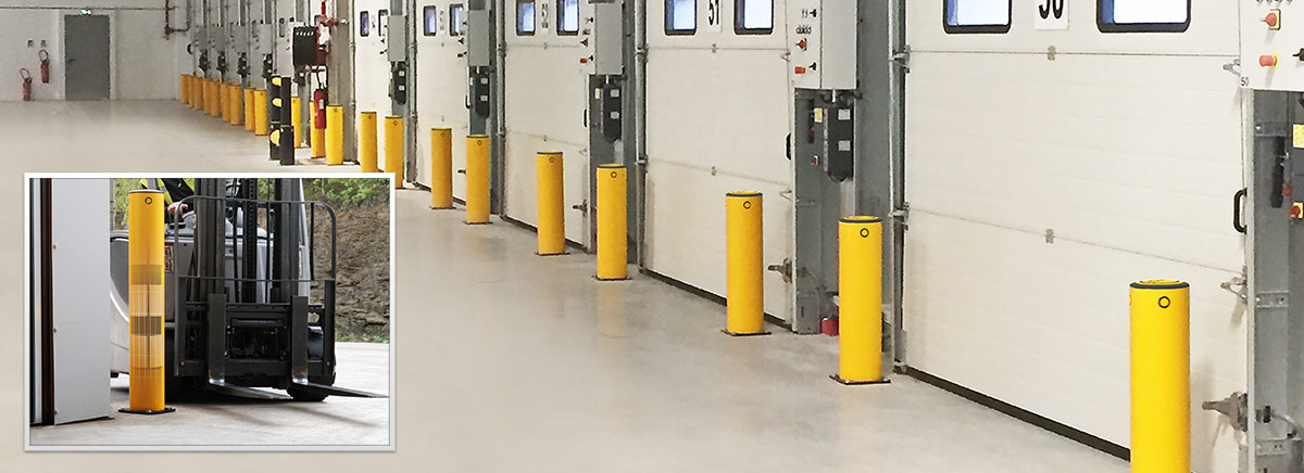 flexible bollards protect warehouse rolling doors from forklift impacts and bumps