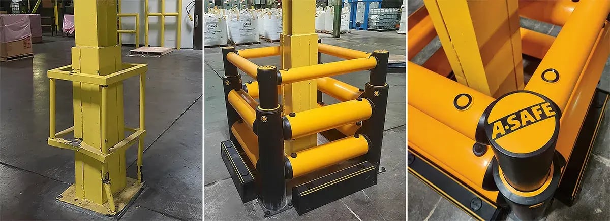 damaged forklift column guard replacement with flexible A-SAFE safety barrier system