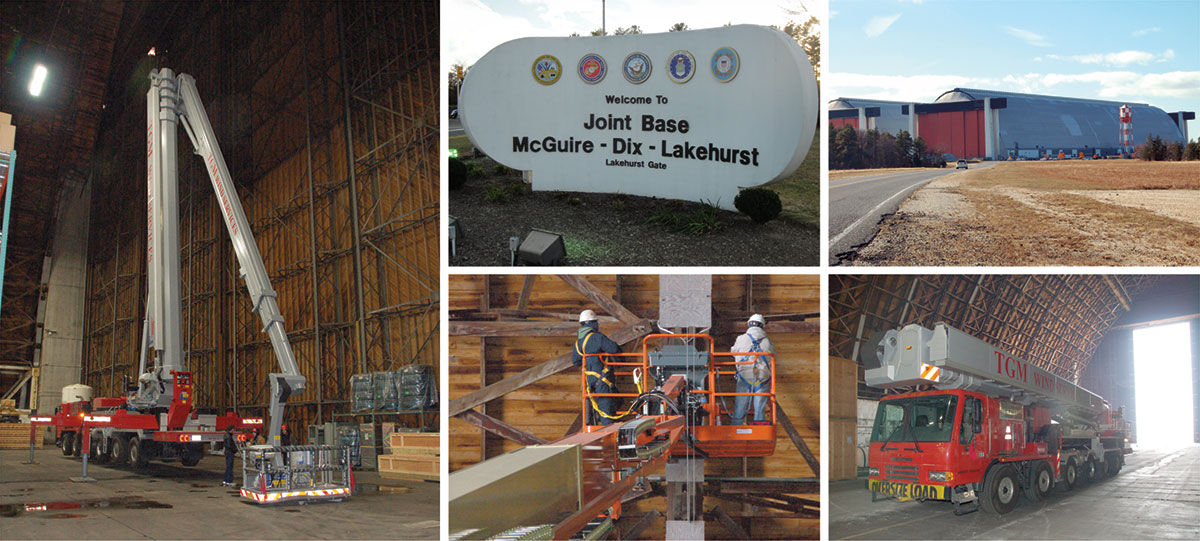 photo montage of specialized aerial lift equipment at Lakehurst Naval Air Engineering Station