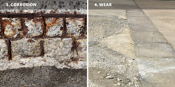 examples of concrete rebar corroson and concrete wear