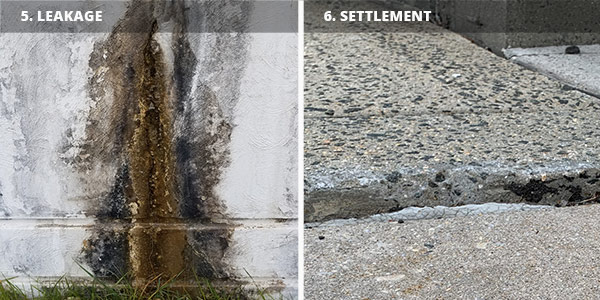 examples of concrete water leak and concrete settlement