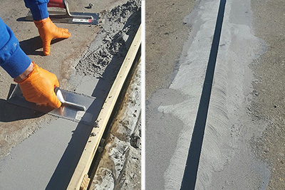 damaged expansion joint being repaired with epoxy mortar