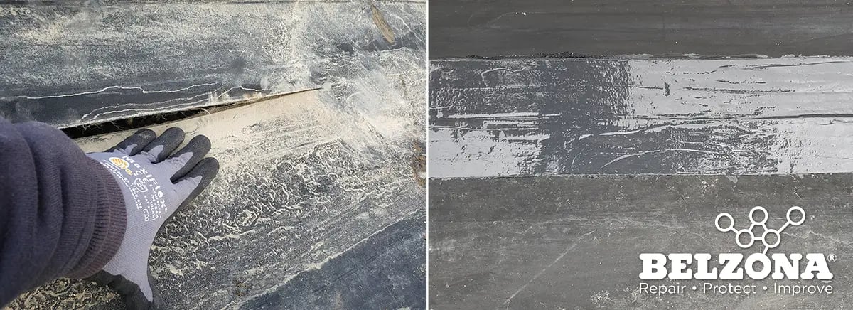 Example of elastomeric repair of conveyor belt rip