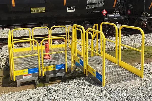 perfectastep custom modified erectastep components adapted to accommodate this pipe controls in a rail yard