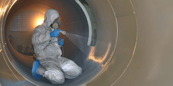 man in vessel uses a spray gun to apply a protective coating