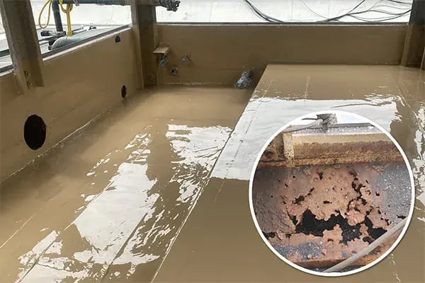 corroded cooling tower basin repaired and coated with Belzona