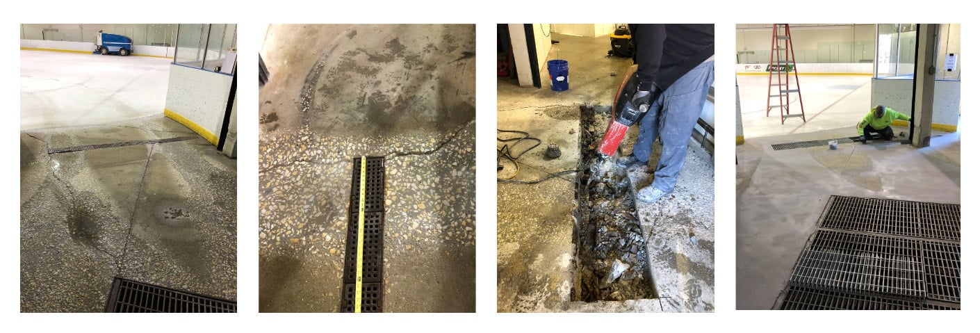 photo series showing progression of repair work done to ice rink concrete floor