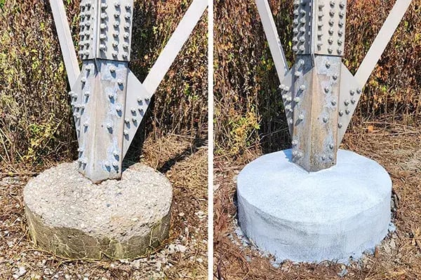 concrete distribution tower support base, before and after restoration