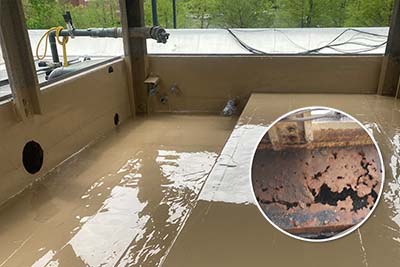 corroded cooling tower basin repaired and coated with Belzona