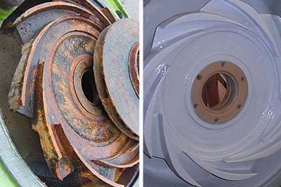 corroded pump impeller repaired with belzona epoxy coating