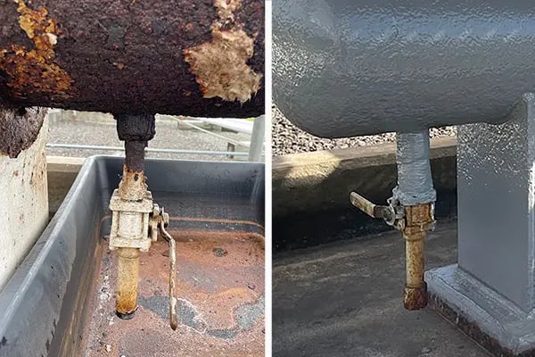 before and after photo showing corroded valve nozzle and final superwrap repair