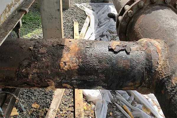 severe corrosion under insulation on cooling tower pipe