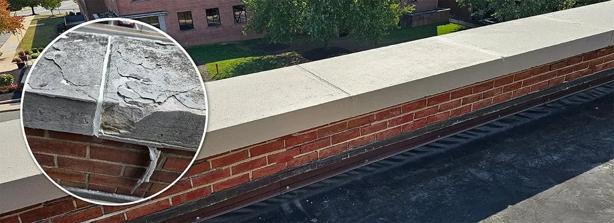deteriorated building capstone repaired with Belzona 4141 mortar and 3111 protective coating