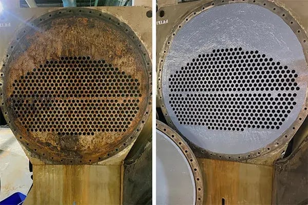 before and after example of epoxy used to repair a corroded heat exchanger tube sheet