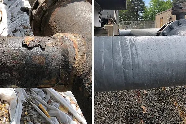 before and after example of corroded cooling tower pipe repair