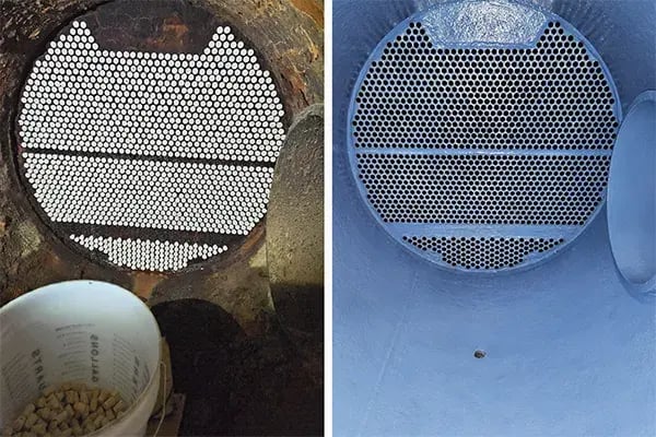before and after example of corroded chiller tube sheet restoration and protective coating