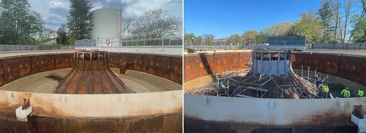 clarifier feed well inlet corrosion repair before and after comparison photos