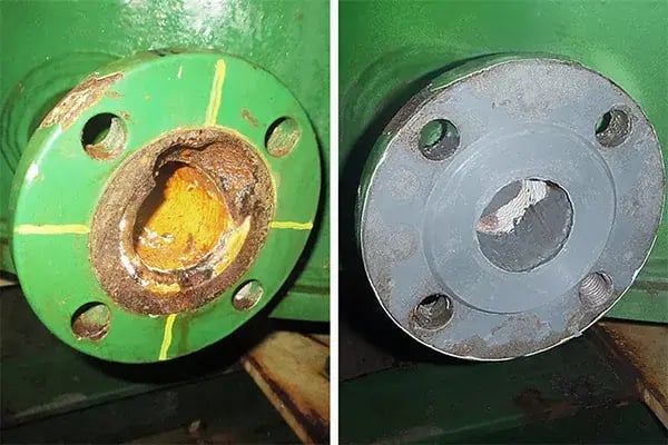 before and after photo of pipe flange corrosion repair made with belzona super metal epoxy