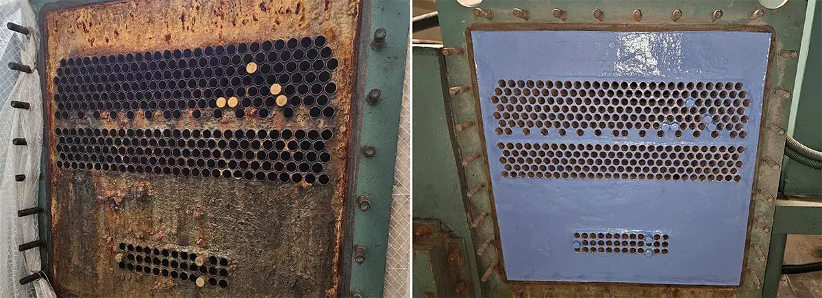 jersey city chiller tube sheet coating repair before and after showing a severely corroded component restored and protected with belzona 1341 protective coating