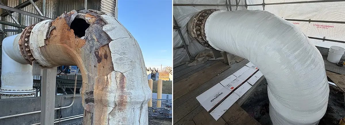 before and after photos showing a cooling tower pipe with through wall defect and the ASME compliant engineered pipe wrap repair done by Banks Industrial Group