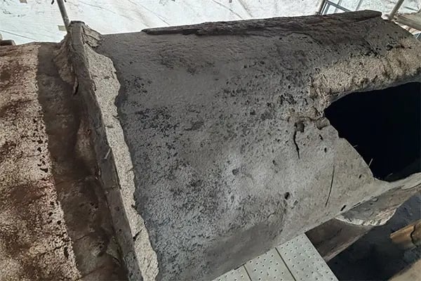 detail of surface blasting prep for repair of cement mortar lined steel pipe