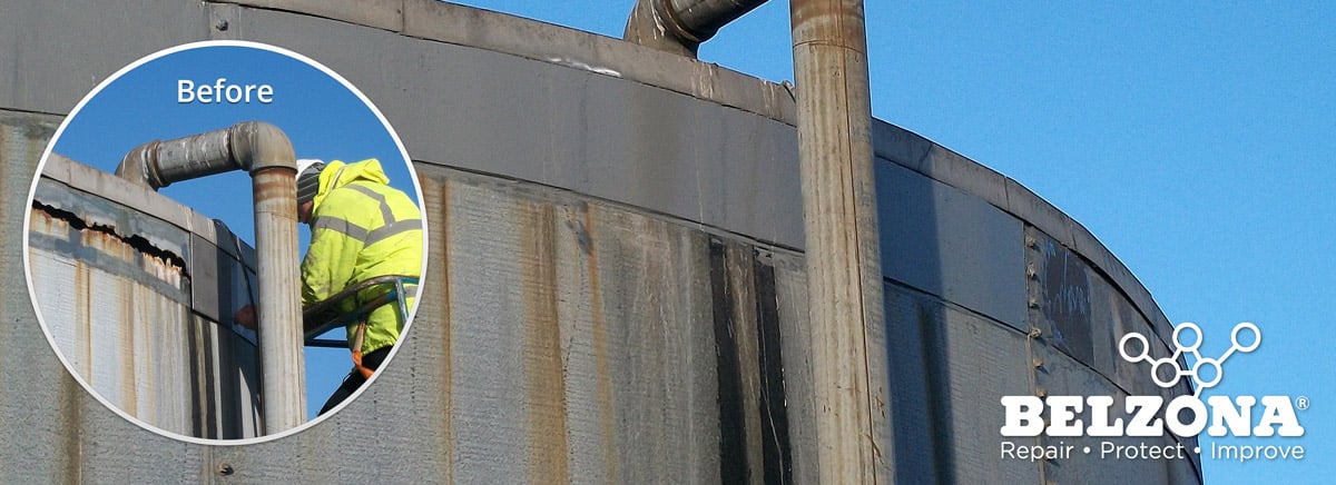 metal corrosion at top of storage tank repaired with bonded metal plates