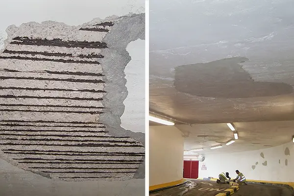 before and after example of overhead concrete repair in parking garage