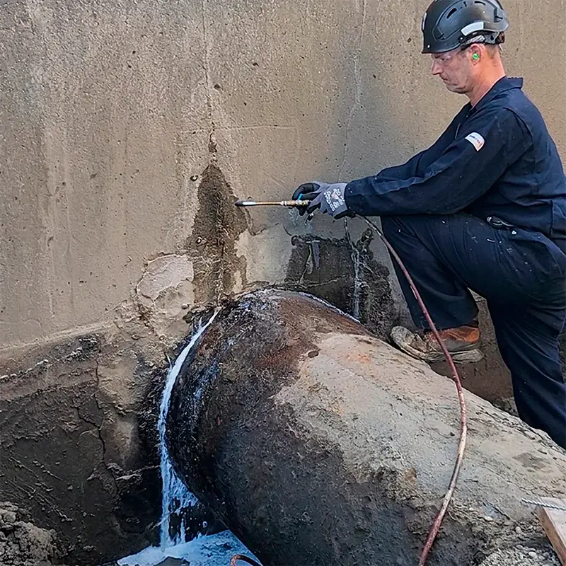 concrete leak injection work in process