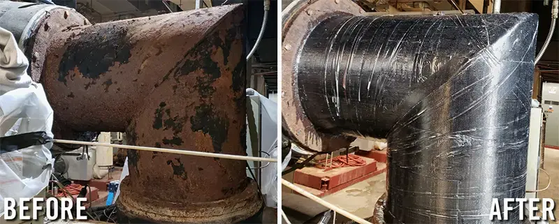 before and after example of chiller pipe elbow corrosion under insulation repair