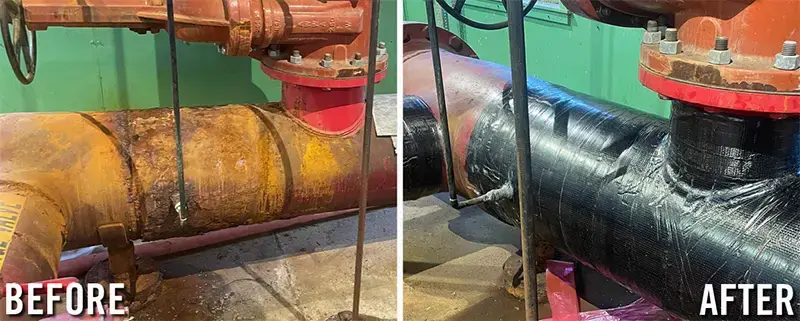 before and after example of corroded pipe repaired with composite carbon fiber wrap