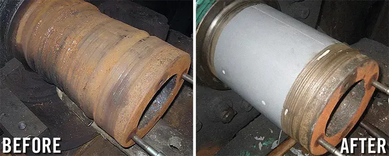 before and after example of mechanical shaft metal rebuild