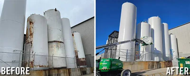 before and afer photos of storage tank restoration and protective coating