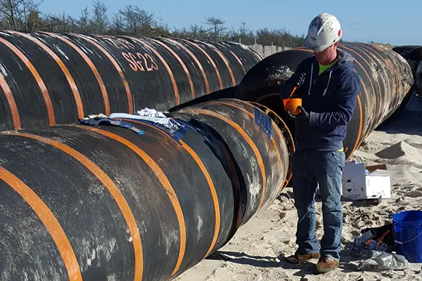 floating hose rubber repair work in process on new jersey beach