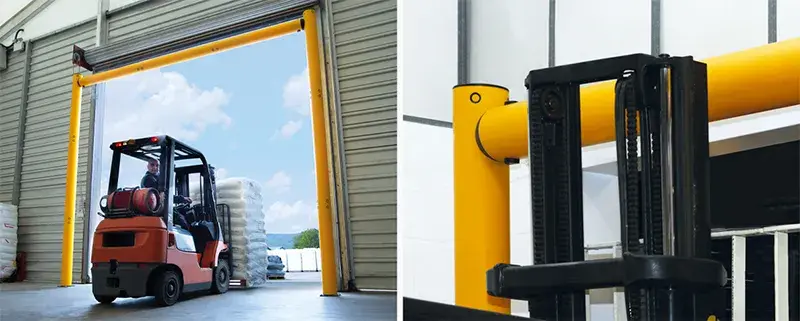 warehouse height restrictor prevents forklift damage to door frame and high level equipment