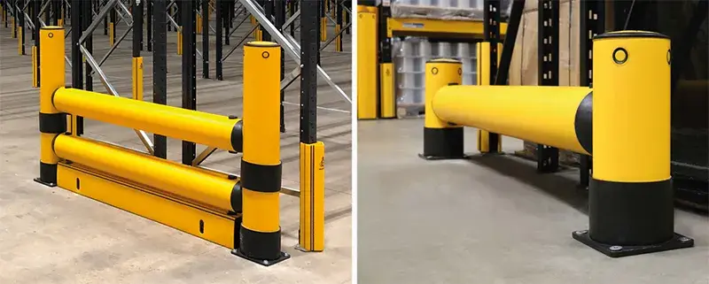 pallet rack end guard rail protects warehouse racks from forklift collision