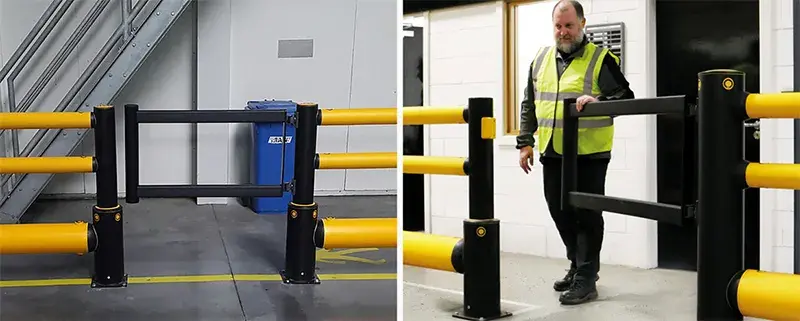 pedestrian swing gate in a-safe guard rail barrier