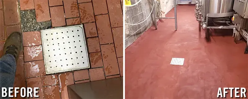 chemical resistant grout repair of deteriorated acid brick floor before and after