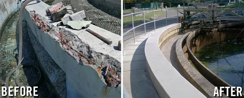 crumbling concrete clarifier track repaired with specialized epoxy mortar