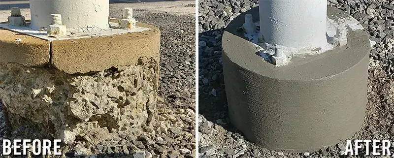 deteriorated concrete base rebuilt with epoxy mortar before and after example