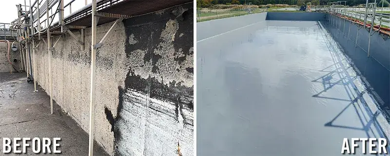 restoration and protective coating for large concrete wastewater tank before and after