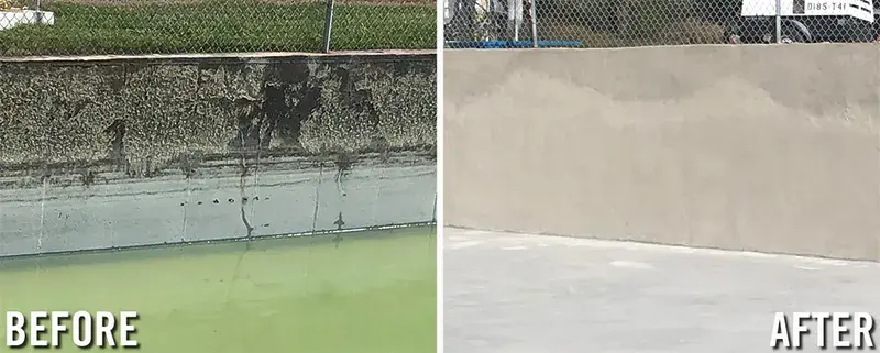 concrete tank wall with severe spall deterioration is rebuilt with specialized epoxy mortar