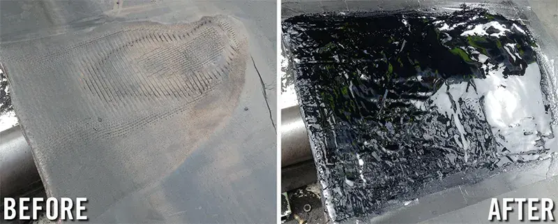 torn conveyor belt repair before and after