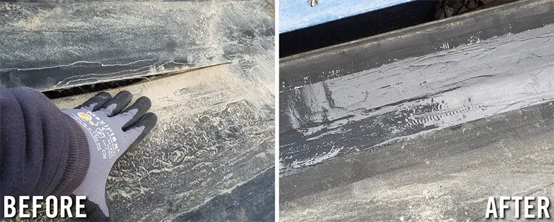 conveyor belt elastomeric repair of torn area before and after