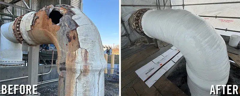 cooling tower pipe repaired with carbon fiber epoxy resin wrap system before and after example