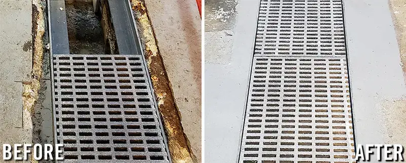 fast cure epoxy mortar repair of crumbled concrete around drain grate