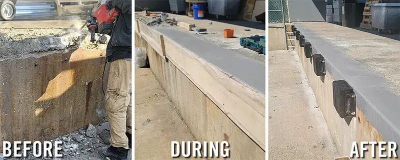 loading dock concrete repair triptych showing before during and after restoration