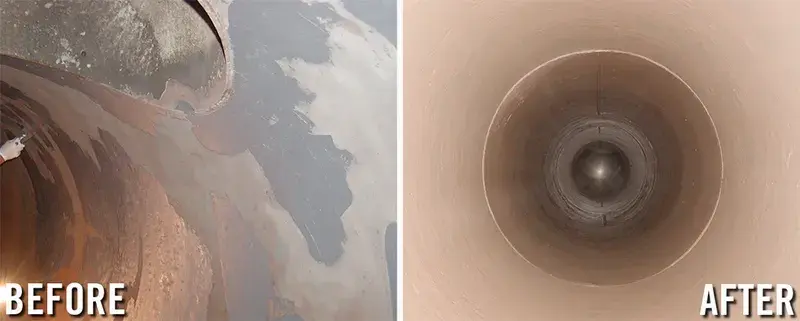 sewer pipe repair and internal coating before and after