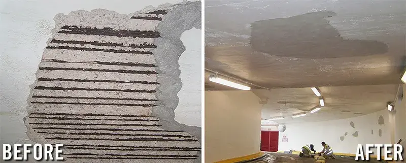 overhead concrete spalling repair in parking garage before and after