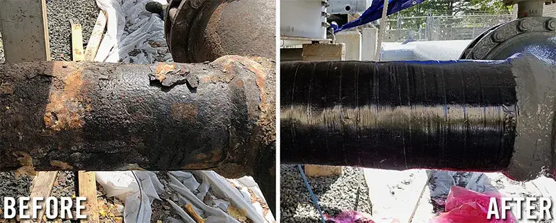 corroded cooling water pipe wrap repair before and after