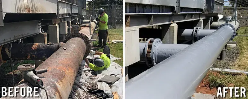 corroded cooling tower pipe is repaired and protected with a belzona coating